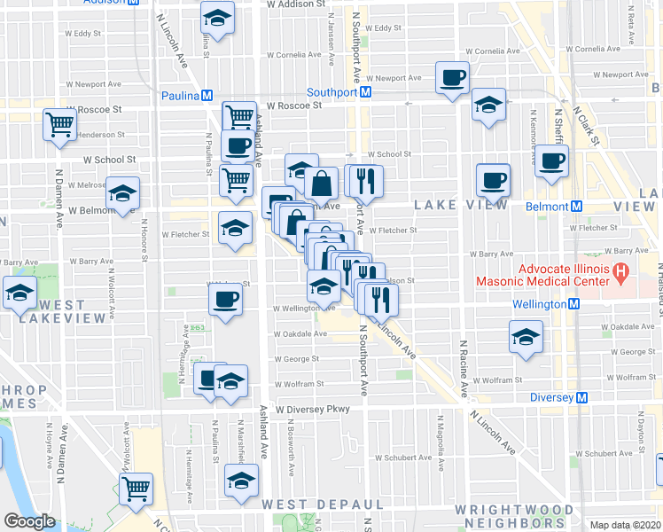 map of restaurants, bars, coffee shops, grocery stores, and more near 3033 North Lincoln Avenue in Chicago