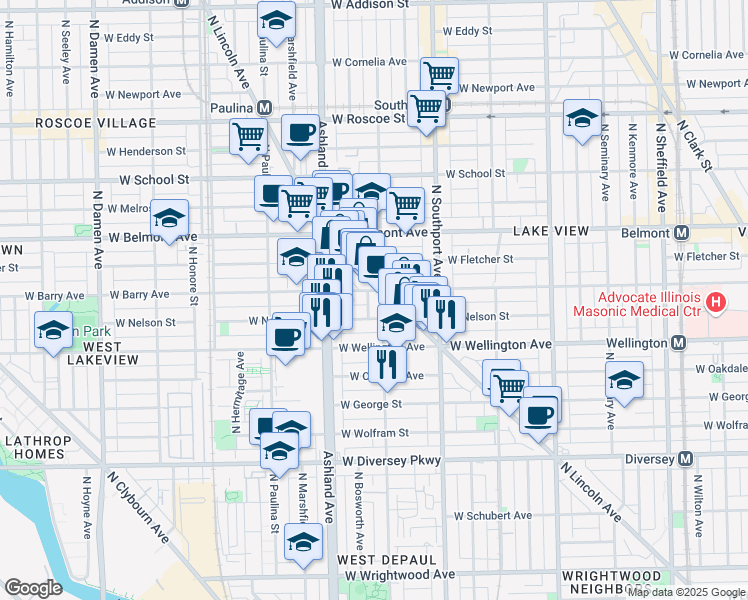 map of restaurants, bars, coffee shops, grocery stores, and more near 3031 North Greenview Avenue in Chicago