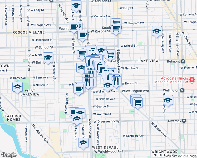 map of restaurants, bars, coffee shops, grocery stores, and more near 1530 West Nelson Street in Chicago