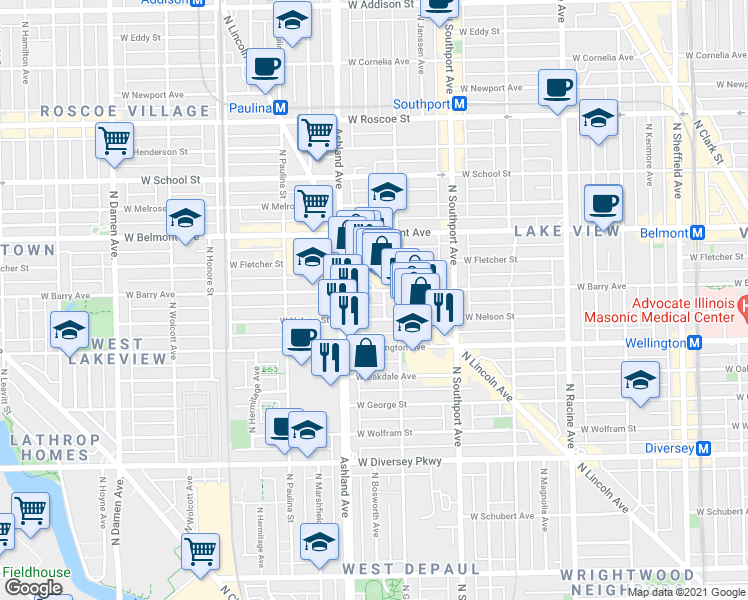 map of restaurants, bars, coffee shops, grocery stores, and more near 1530 West Nelson Street in Chicago