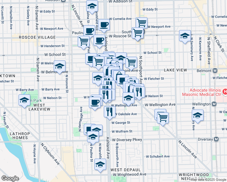 map of restaurants, bars, coffee shops, grocery stores, and more near 1530 West Nelson Street in Chicago