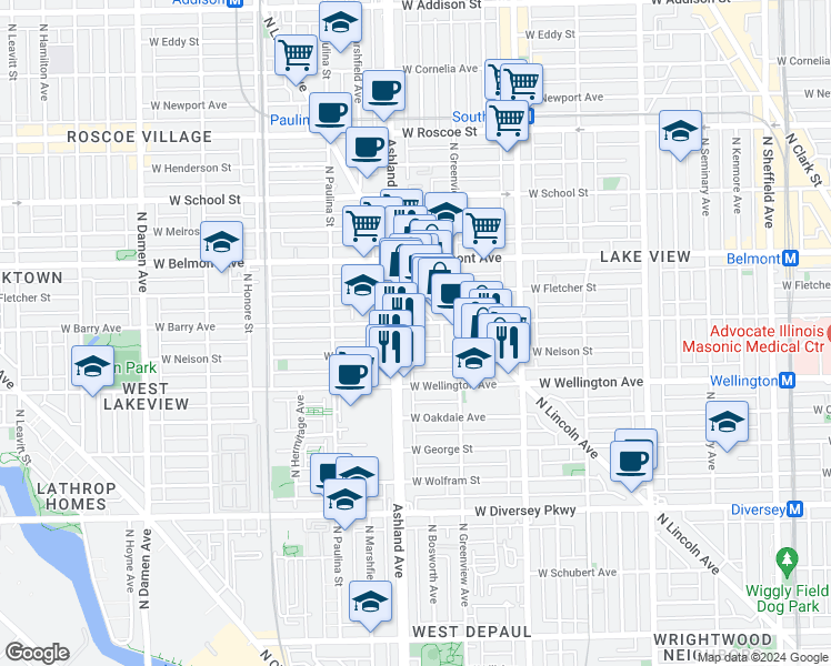 map of restaurants, bars, coffee shops, grocery stores, and more near 1530 West Nelson Street in Chicago