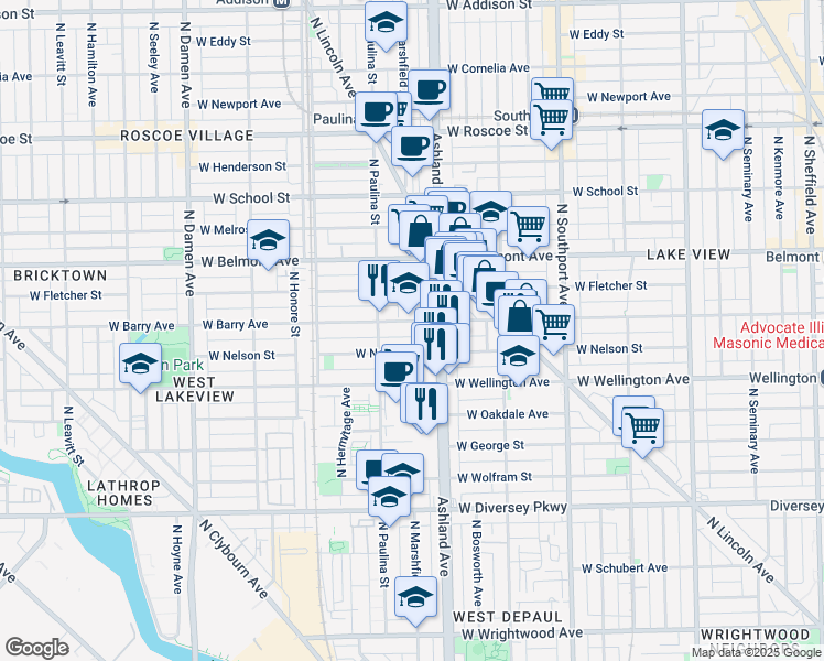 map of restaurants, bars, coffee shops, grocery stores, and more near 1610 West Nelson Street in Chicago