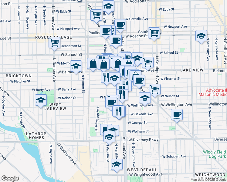 map of restaurants, bars, coffee shops, grocery stores, and more near 1648 West Nelson Street in Chicago