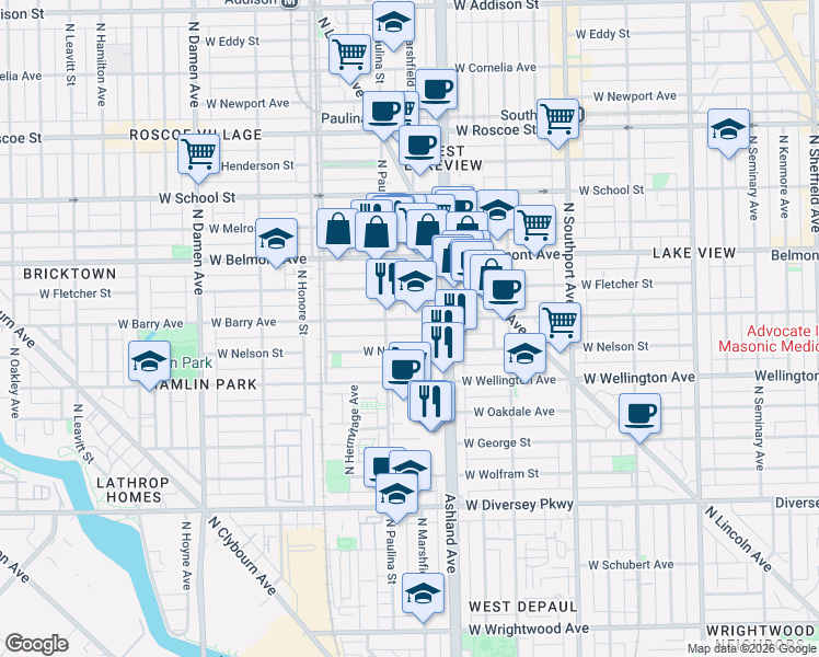 map of restaurants, bars, coffee shops, grocery stores, and more near in Chicago