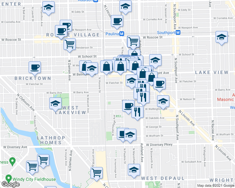 map of restaurants, bars, coffee shops, grocery stores, and more near 1726 West Nelson Street in Chicago