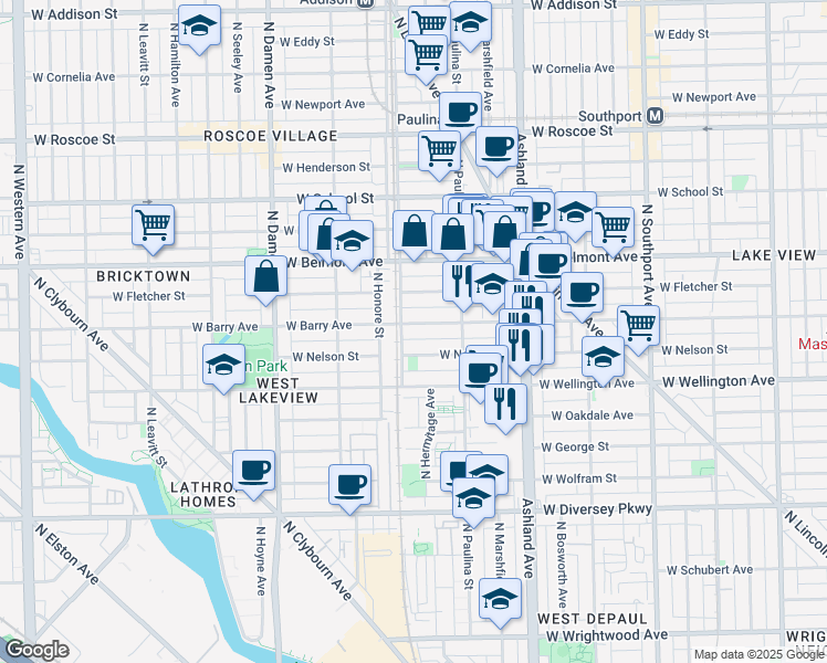 map of restaurants, bars, coffee shops, grocery stores, and more near 1758 West Nelson Street in Chicago