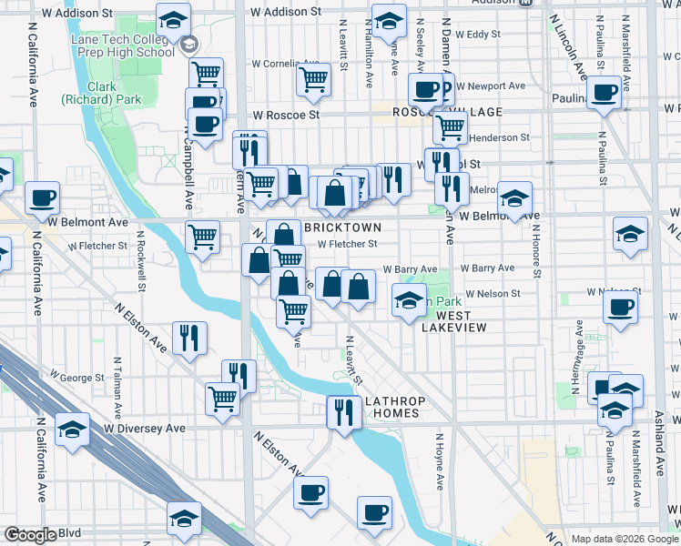 map of restaurants, bars, coffee shops, grocery stores, and more near 3037 North Clybourn Avenue in Chicago
