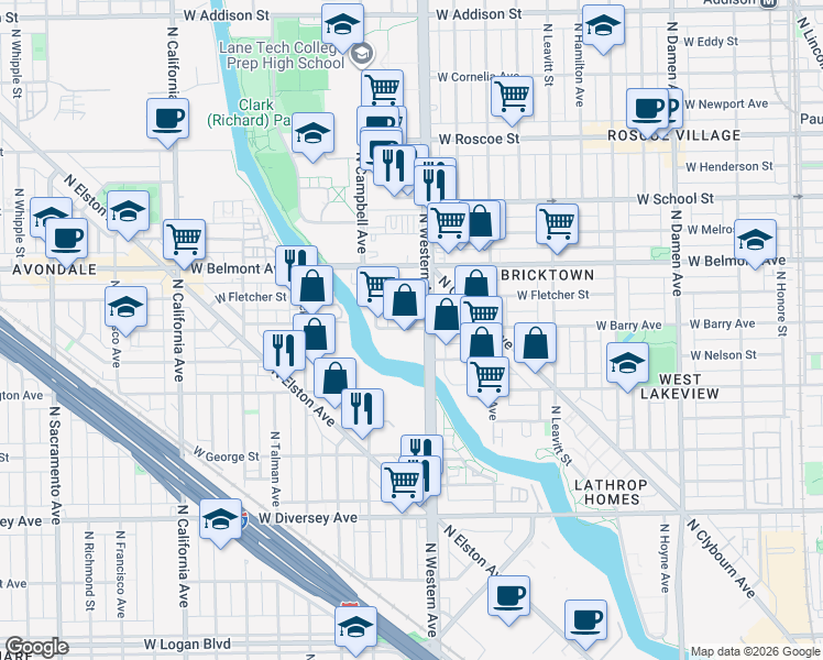 map of restaurants, bars, coffee shops, grocery stores, and more near 3030 North Western Avenue in Chicago