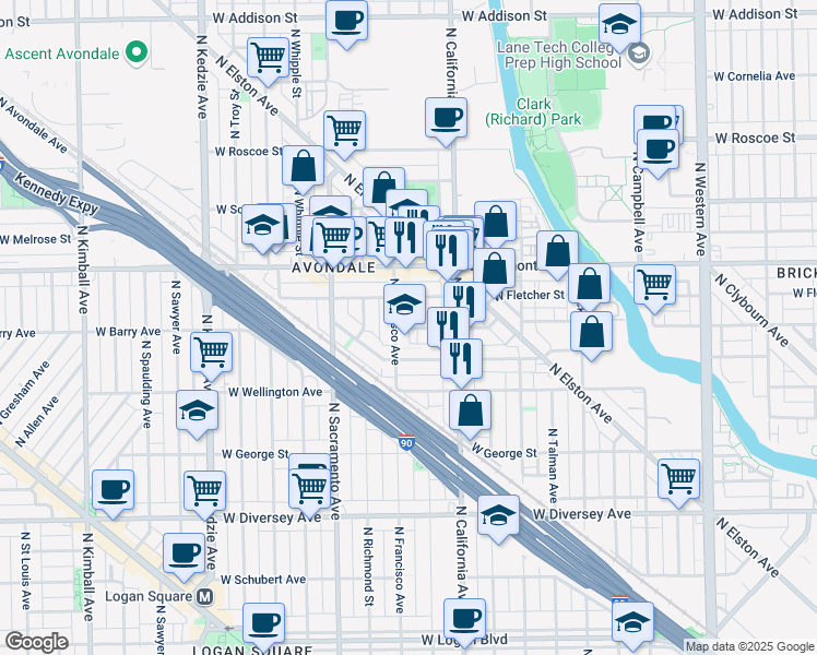 map of restaurants, bars, coffee shops, grocery stores, and more near 2826 West Nelson Street in Chicago
