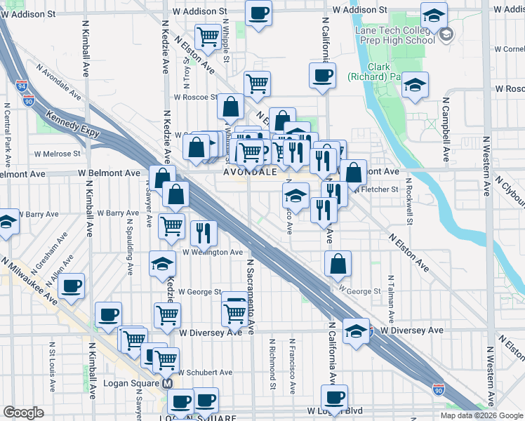 map of restaurants, bars, coffee shops, grocery stores, and more near 2949 West Nelson Street in Chicago