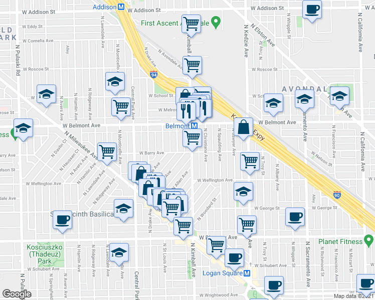 map of restaurants, bars, coffee shops, grocery stores, and more near 3042 North Kimball Avenue in Chicago