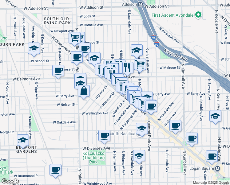 map of restaurants, bars, coffee shops, grocery stores, and more near 3073 North Avers Avenue in Chicago
