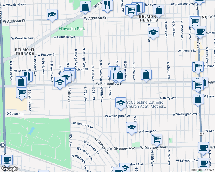 map of restaurants, bars, coffee shops, grocery stores, and more near 3120 North 77th Court in Elmwood Park