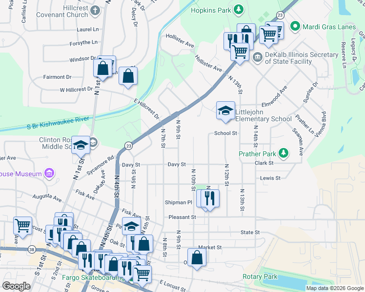 map of restaurants, bars, coffee shops, grocery stores, and more near 821 North 10th Street in DeKalb