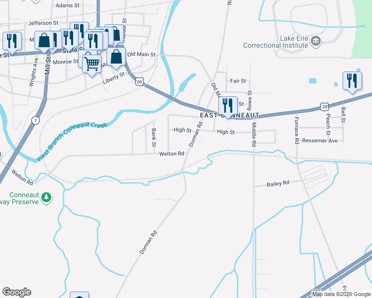map of restaurants, bars, coffee shops, grocery stores, and more near 436 Dorman Road in Conneaut