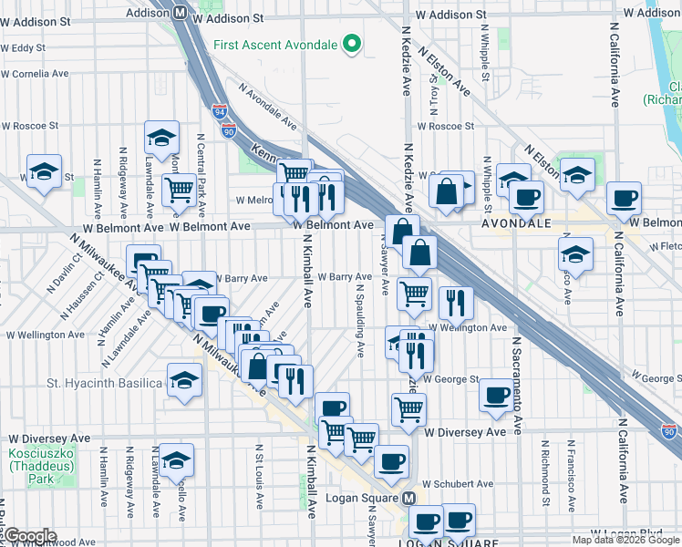 map of restaurants, bars, coffee shops, grocery stores, and more near 3041 North Christiana Avenue in Chicago