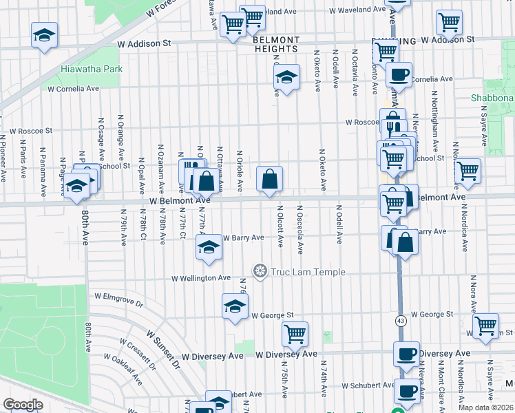 map of restaurants, bars, coffee shops, grocery stores, and more near 3131 North Oriole Avenue in Chicago