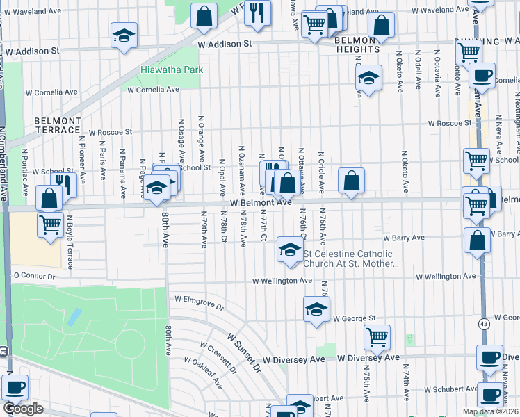 map of restaurants, bars, coffee shops, grocery stores, and more near 7733 West Belmont Avenue in Elmwood Park