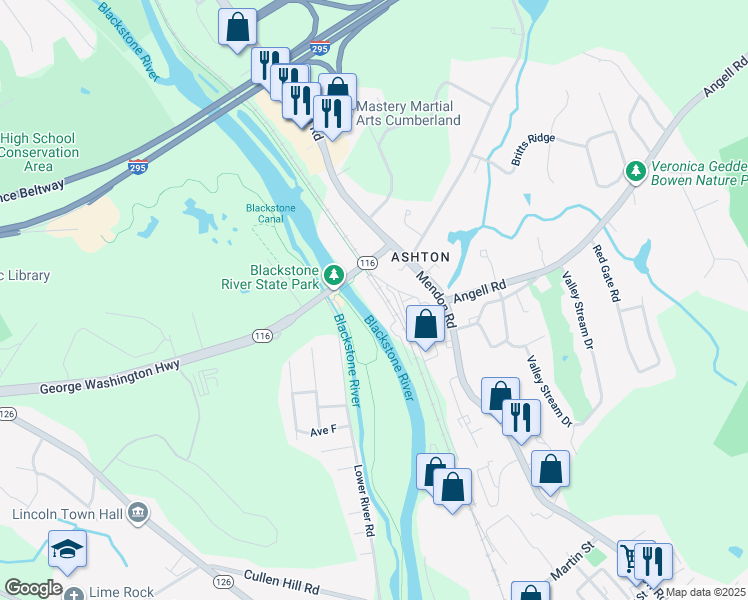 map of restaurants, bars, coffee shops, grocery stores, and more near 51 Front Street in Cumberland