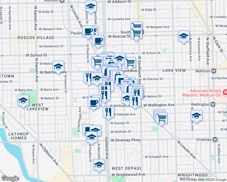 map of restaurants, bars, coffee shops, grocery stores, and more near 1533 West Barry Avenue in Chicago