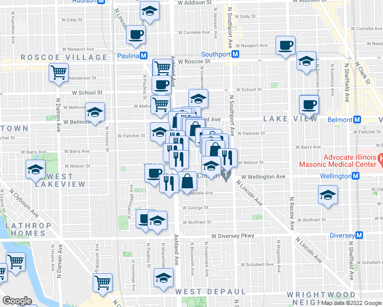 map of restaurants, bars, coffee shops, grocery stores, and more near 1530 West Nelson Street in Chicago