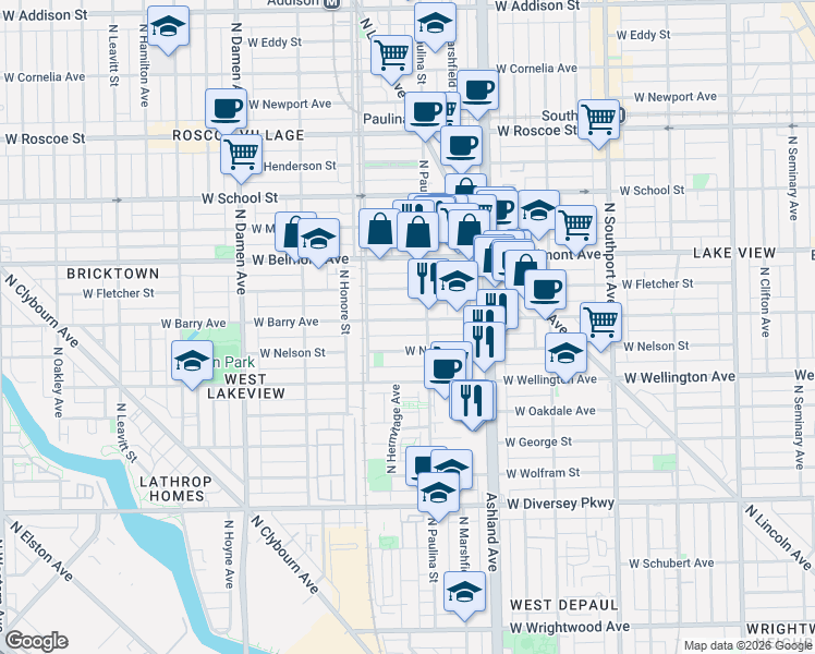map of restaurants, bars, coffee shops, grocery stores, and more near 1719 West Barry Avenue in Chicago