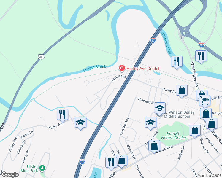 map of restaurants, bars, coffee shops, grocery stores, and more near 280 Village Court in Kingston