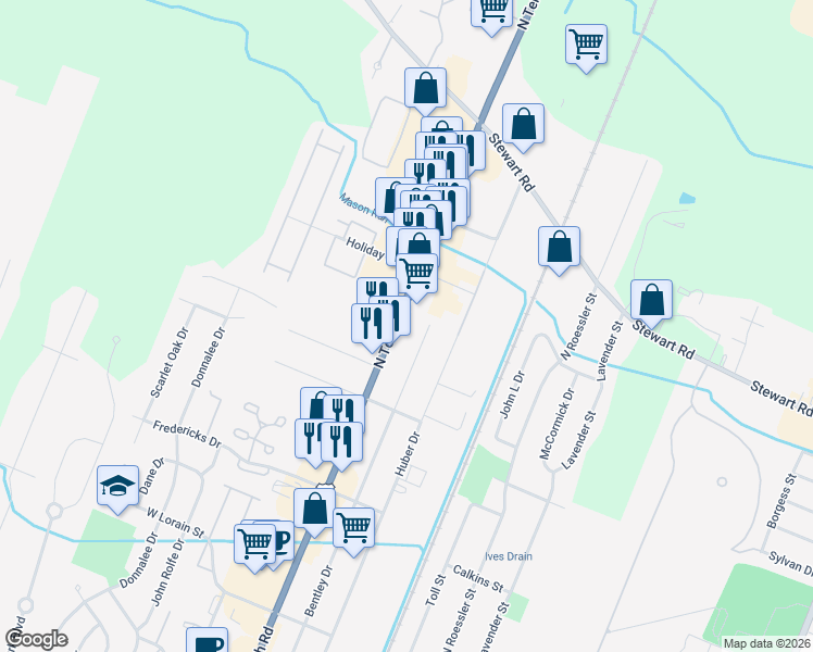 map of restaurants, bars, coffee shops, grocery stores, and more near 1253 Bentley Drive in Monroe