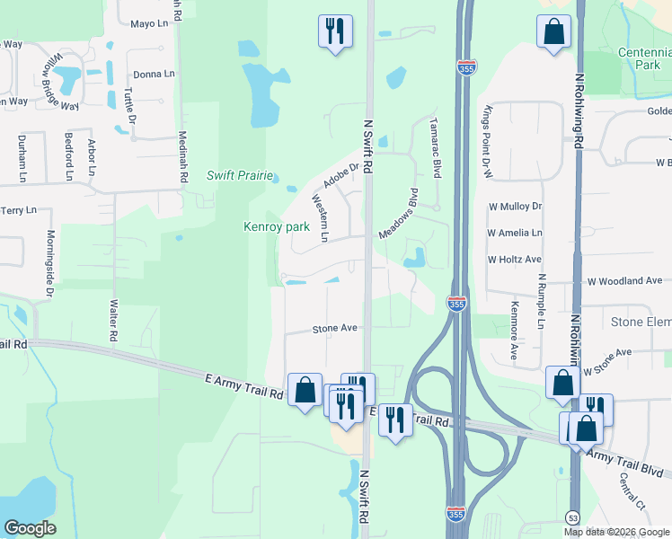 map of restaurants, bars, coffee shops, grocery stores, and more near 4N180 Robbie Lane in Addison