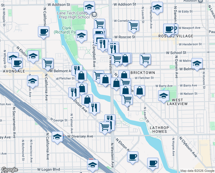 map of restaurants, bars, coffee shops, grocery stores, and more near 3030 North Western Avenue in Chicago