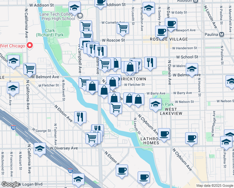 map of restaurants, bars, coffee shops, grocery stores, and more near North Clybourn Avenue & North Oakley Avenue in Chicago
