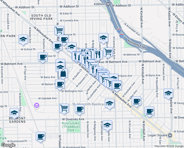 map of restaurants, bars, coffee shops, grocery stores, and more near 3121 North Milwaukee Avenue in Chicago