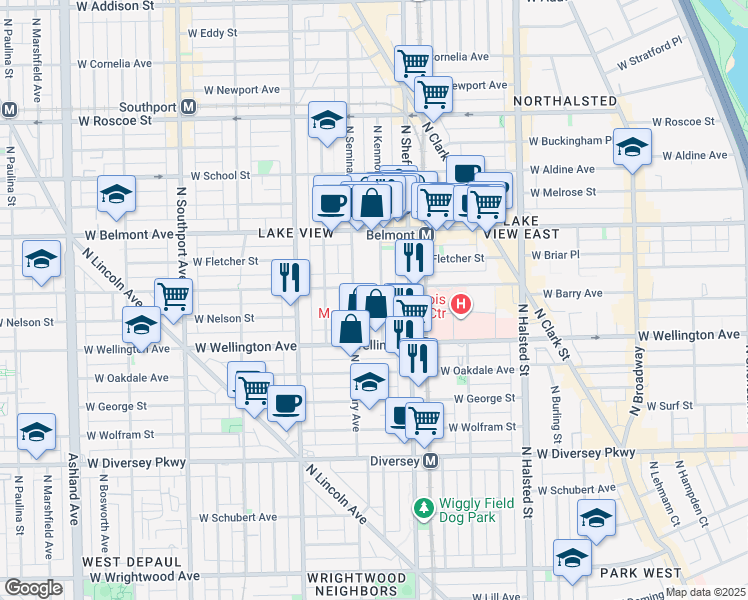map of restaurants, bars, coffee shops, grocery stores, and more near 3024 North Kenmore Avenue in Chicago