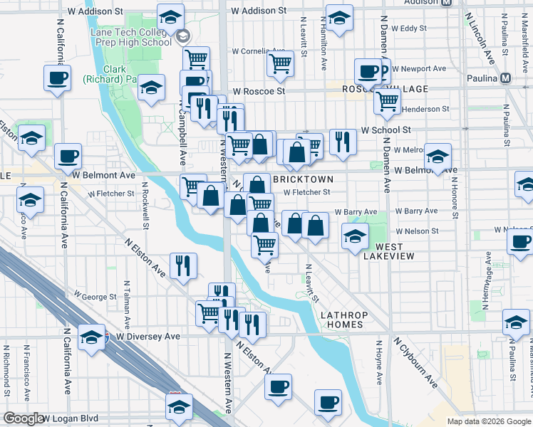 map of restaurants, bars, coffee shops, grocery stores, and more near N Clybourn Ave & W Barry Ave in Chicago