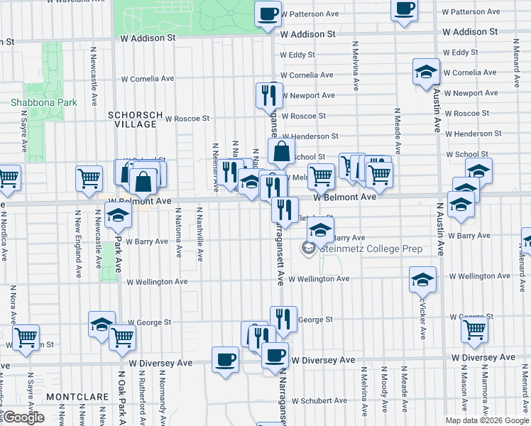 map of restaurants, bars, coffee shops, grocery stores, and more near 3116 North Nagle Avenue in Chicago