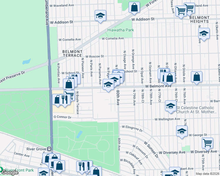 map of restaurants, bars, coffee shops, grocery stores, and more near 8001 West Belmont Avenue in River Grove
