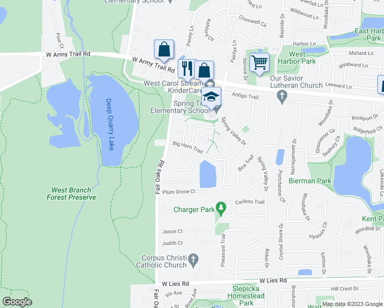 map of restaurants, bars, coffee shops, grocery stores, and more near 1424 Ash Court in Carol Stream