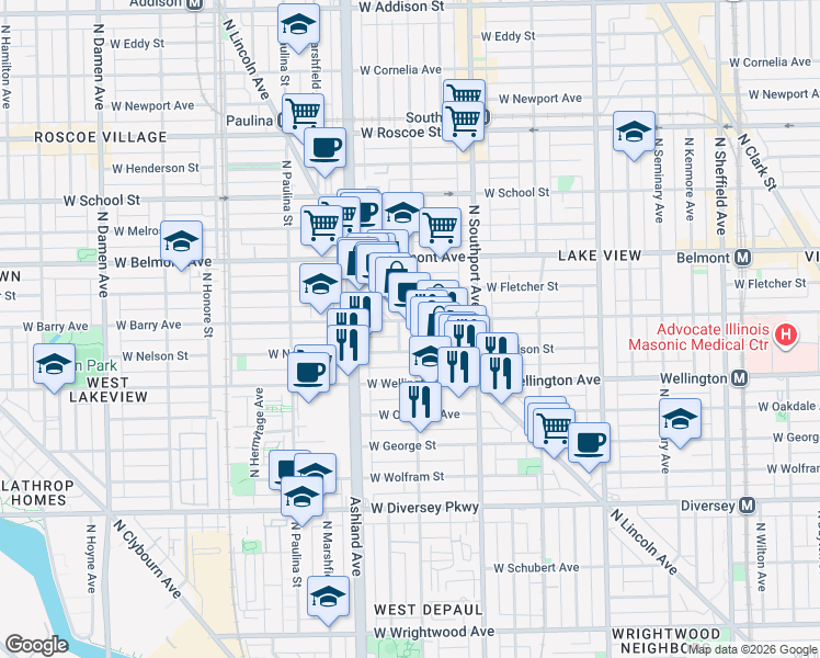 map of restaurants, bars, coffee shops, grocery stores, and more near 3056 North Greenview Avenue in Chicago