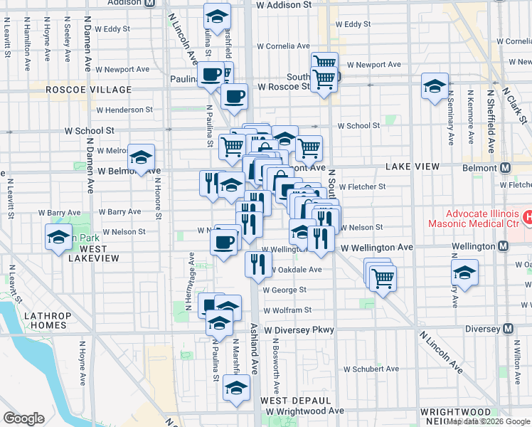 map of restaurants, bars, coffee shops, grocery stores, and more near 1530 West Nelson Street in Chicago