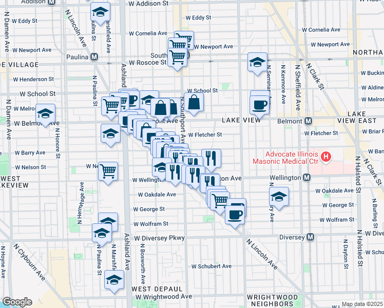 map of restaurants, bars, coffee shops, grocery stores, and more near 1343 West Nelson Street in Chicago