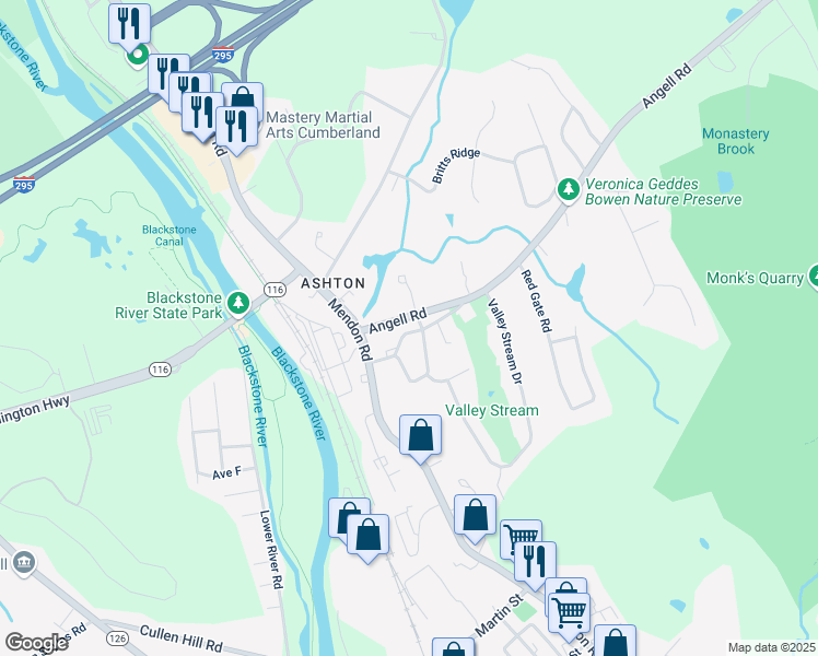 map of restaurants, bars, coffee shops, grocery stores, and more near 7 Ethier Way in Cumberland