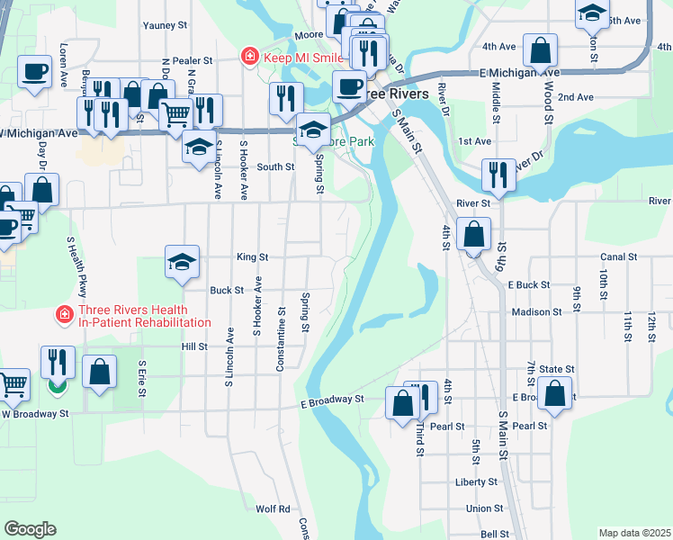 map of restaurants, bars, coffee shops, grocery stores, and more near 600 Buck Street in Three Rivers