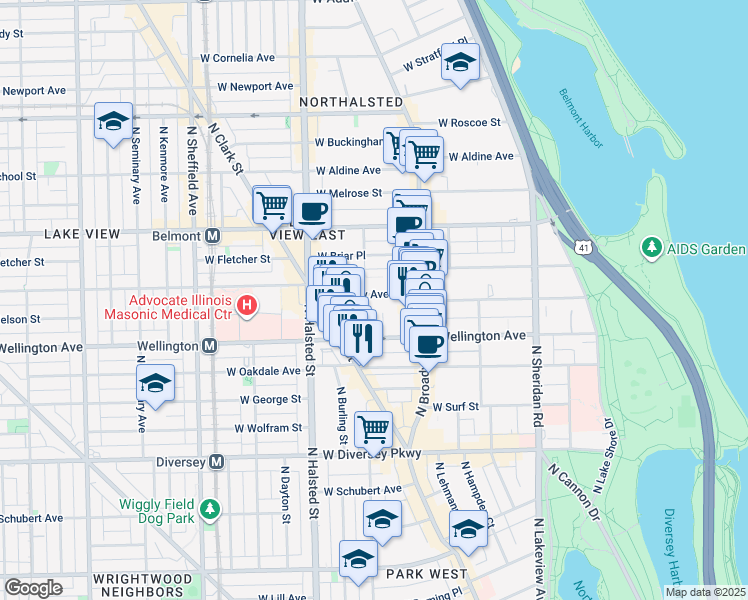 map of restaurants, bars, coffee shops, grocery stores, and more near 3020 North Waterloo Court in Chicago