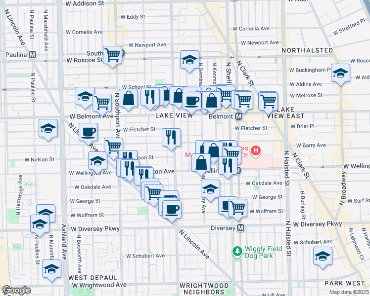 map of restaurants, bars, coffee shops, grocery stores, and more near 3025 North Racine Avenue in Chicago