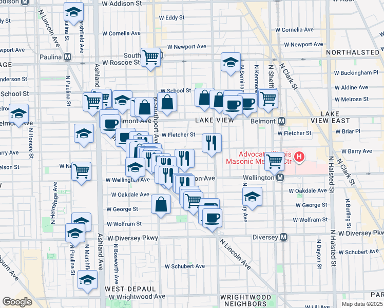 map of restaurants, bars, coffee shops, grocery stores, and more near 1301 West Nelson Street in Chicago