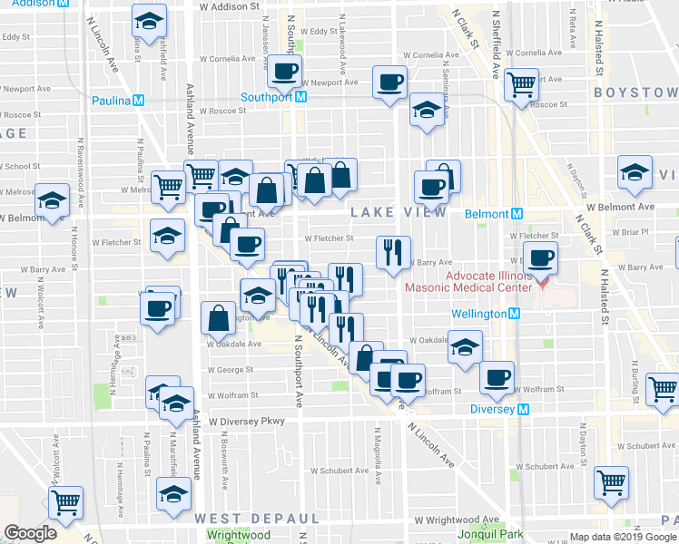map of restaurants, bars, coffee shops, grocery stores, and more near 1301 West Nelson Street in Chicago