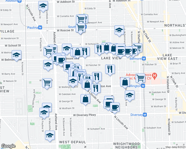 map of restaurants, bars, coffee shops, grocery stores, and more near 1301 West Nelson Street in Chicago