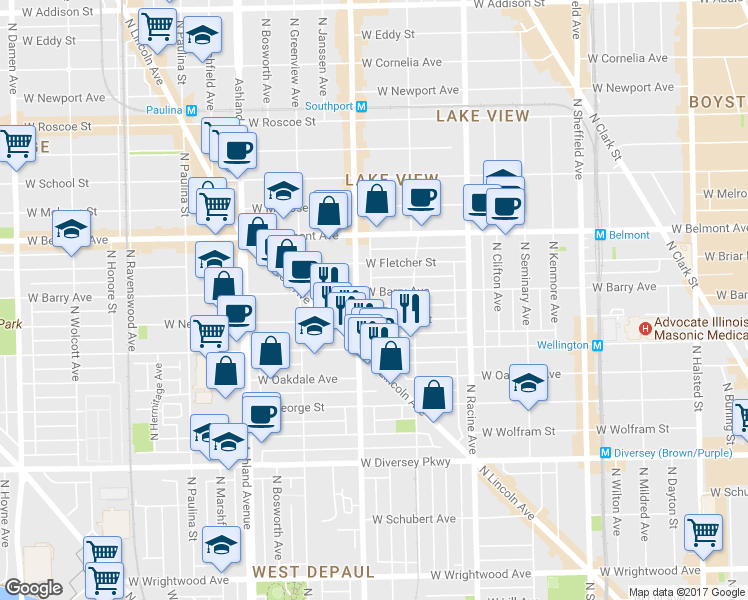 map of restaurants, bars, coffee shops, grocery stores, and more near 1343 West Nelson Street in Chicago