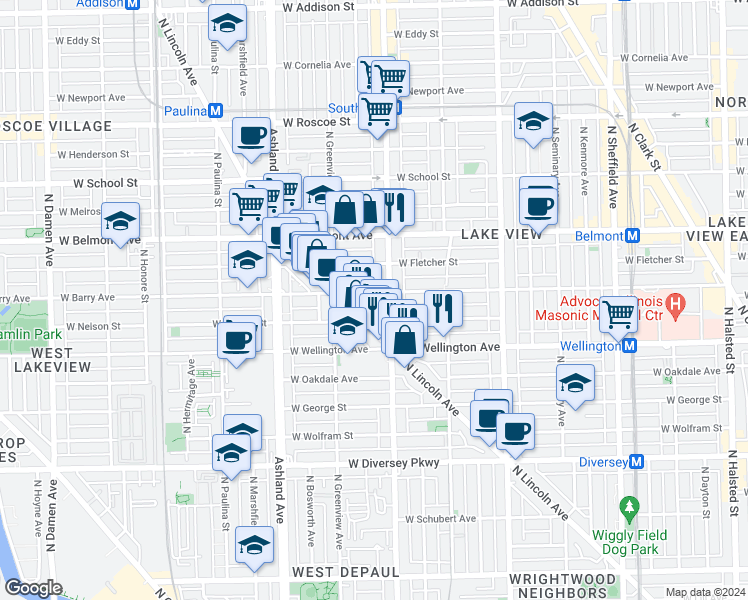 map of restaurants, bars, coffee shops, grocery stores, and more near 3033 North Lincoln Avenue in Chicago